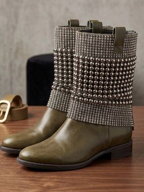 Schütz Olive Embellished Knit-Cuff Ankle Boots